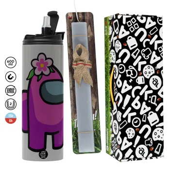 Among US girl, Easter candle with Grey Tumbler Thermo 600ml & aromatic flat candle (30cm) (GREY)