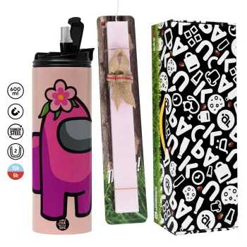 Among US girl, Easter candle,Travel Tumbler 2 Lids, with metal straw & cleaning brush & aromatic flat candle (30cm) (PINK)