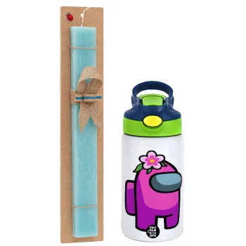 Among US girl, Easter Set, Children's thermal stainless steel bottle with safety straw, green/blue (350ml) & aromatic flat Easter candle (30cm) (TURQUOISE)