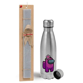Among US girl, Easter Set, metallic Inox water bottle (750ml) & aromatic flat Easter candle (30cm) (GRAY)