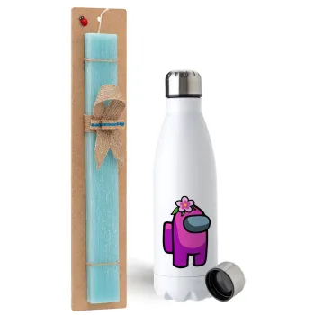 Among US girl, Easter Set, metallic stainless steel water bottle (750ml) & aromatic flat Easter candle (30cm) (TURQUOISE)
