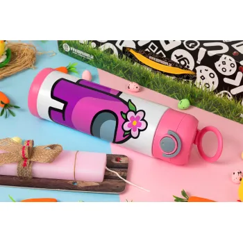 Among US girl, Πασχαλινή Λαμπάδα με Παιδικό παγούρι θερμό, ανοξείδωτο, με καλαμάκι ασφαλείας, ΡΟΖ (500ml)