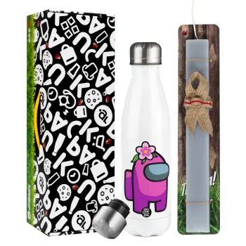 Among US girl, Easter candle, metallic white thermos bottle (500ml) & aromatic flat candle (30cm) (GRAY)