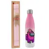 Easter Set, Metallic pink/white (Stainless steel) thermos, double-walled, 500ml & aromatic flat Easter candle (30cm) (PINK)