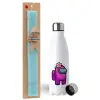 Easter Set, metallic stainless steel water bottle (750ml) & aromatic flat Easter candle (30cm) (TURQUOISE)