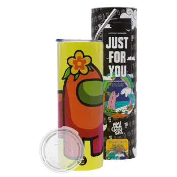 Among US girl, Neon Yellow Travel Tumbler θερμό, μεταλλικό καλαμάκι(Ανωξείδωτο 304 Food grade, BPA free, 600ml)