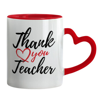 Thank you teacher, Κούπα καρδιά χερούλι κόκκινη, κεραμική, 330ml
