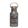 Stainless steel metallic thermos flask, silver with a bamboo lid, double-walled, 350ml.