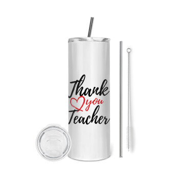 Thank you teacher, Eco friendly ποτήρι θερμό (tumbler) από ανοξείδωτο ατσάλι 600ml, με μεταλλικό καλαμάκι & βούρτσα καθαρισμού