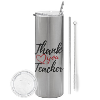 Thank you teacher, Eco friendly ποτήρι θερμό Ασημένιο (tumbler) από ανοξείδωτο ατσάλι 600ml, με μεταλλικό καλαμάκι & βούρτσα καθαρισμού