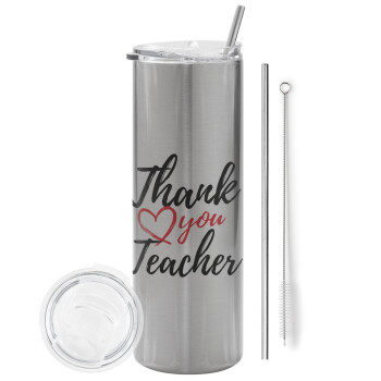 Thank you teacher, Tumbler stainless steel Silver 600ml, with metal straw & cleaning brush