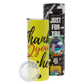 Thank you teacher, Neon Yellow Travel Tumbler θερμό, μεταλλικό καλαμάκι(Ανωξείδωτο 304 Food grade, BPA free, 600ml)