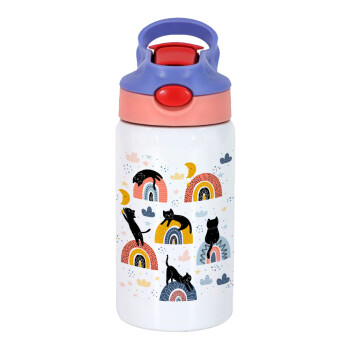 Γατούλες, Children's hot water bottle, stainless steel, with safety straw, pink/purple (350ml)