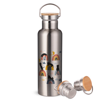 Γατούλες, Stainless steel Silver with wooden lid (bamboo), double wall, 750ml