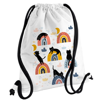 Γατούλες, Backpack pouch GYMBAG white, with pocket (40x48cm) & thick cords