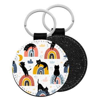 Γατούλες, Μπρελόκ Δερματίνη, στρογγυλό ΜΑΥΡΟ (5cm)