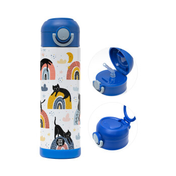 Γατούλες, Children's hot water bottle, stainless steel, with safety straw, BLUE (500ml)