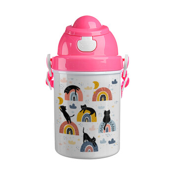 Γατούλες, Ροζ παιδικό παγούρι πλαστικό (BPA-FREE) με καπάκι ασφαλείας, κορδόνι και καλαμάκι, 400ml