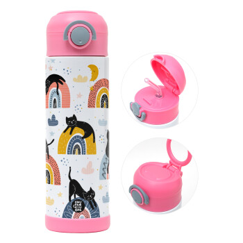 Γατούλες, Children's hot water bottle, stainless steel, with safety straw, PINK (500ml)