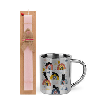 Γατούλες, Easter Set, metallic thermal cup (300ml) & aromatic flat Easter candle (30cm) (PINK)