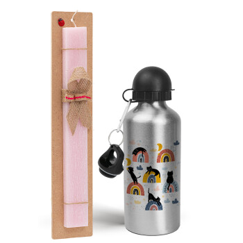 Γατούλες, Easter Set, metallic Silver aluminum water bottle (500ml) & scented flat Easter candle (30cm) (PINK)