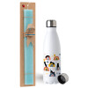 Easter Set, metallic stainless steel water bottle (750ml) & aromatic flat Easter candle (30cm) (TURQUOISE)