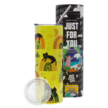 Γατούλες, Neon Yellow Travel Tumbler θερμό, μεταλλικό καλαμάκι(Ανωξείδωτο 304 Food grade, BPA free, 600ml)