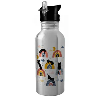 Γατούλες, Water bottle Silver with straw, stainless steel 600ml