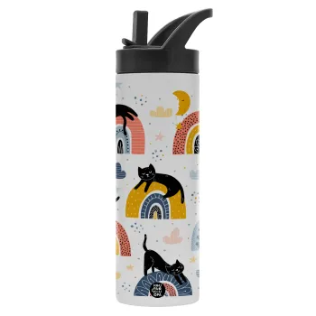 Γατούλες, Μεταλλικό παγούρι θερμός με καλαμάκι & χειρολαβή, ανοξείδωτο ατσάλι (Stainless steel 304), διπλού τοιχώματος, 600ml