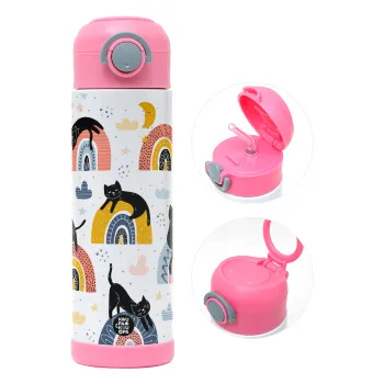 Γατούλες, Παιδικό παγούρι θερμό, ανοξείδωτο, με καλαμάκι ασφαλείας, ΡΟΖ (500ml)