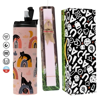 Γατούλες, Πασχαλινή Λαμπάδα με  ΡΟΖ Travel Tumbler θερμό (600ml, BPA free) & κερί αρωματικό πλακέ (30cm) (ΡΟΖ)
