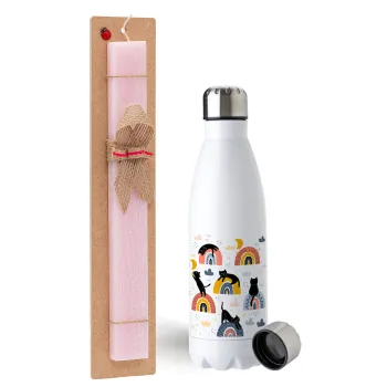 Γατούλες, Easter Set, metallic stainless steel water bottle (750ml) & scented flat Easter candle (30cm) (PINK)