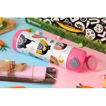 Γατούλες, Easter candle, Childrens hot water bottle, stainless steel, with safety straw, PINK (500ml)