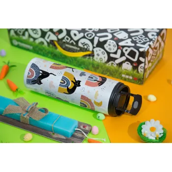 Γατούλες, Easter candle,Travel Tumbler 2 Lids, with metal straw & cleaning brush & aromatic flat candle (30cm) (BLUE)