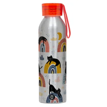 Γατούλες, Aluminum Sports Bottle 650ml – Silver with Red Cap and Silicone Strap