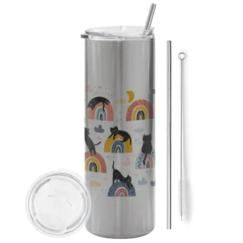 Γατούλες, Tumbler stainless steel Silver 600ml, with metal straw & cleaning brush