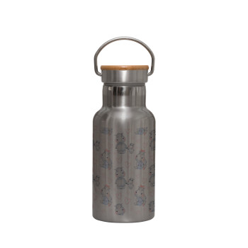 Hippo, Stainless steel metallic thermos flask, silver with a bamboo lid, double-walled, 350ml.