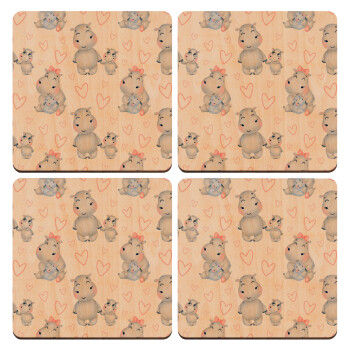 Ιπποπόταμος, ΣΕΤ x4 Σουβέρ ξύλινα τετράγωνα plywood (9cm)