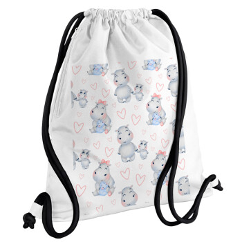 Hippo, Τσάντα πλάτης πουγκί GYMBAG λευκή, με τσέπη (40x48cm) & χονδρά κορδόνια