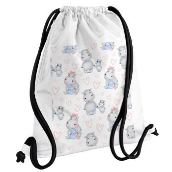 Hippo, Backpack pouch GYMBAG white, with pocket (40x48cm) & thick cords