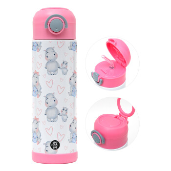 Ιπποπόταμος, Παιδικό παγούρι θερμό, ανοξείδωτο, με καλαμάκι ασφαλείας, ΡΟΖ (500ml)