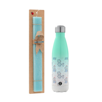 Hippo, Easter Set, Metallic green/white thermos (Stainless steel), double-walled, 500ml & scented flat Easter candle (30cm) (TURQUOISE)
