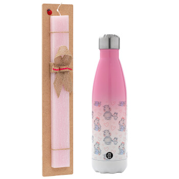 Hippo, Easter Set, Metallic pink/white (Stainless steel) thermos, double-walled, 500ml & aromatic flat Easter candle (30cm) (PINK)