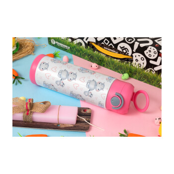 Hippo, Easter candle, Childrens hot water bottle, stainless steel, with safety straw, PINK (500ml)
