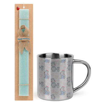 Hippo, Easter Set, metallic thermal cup (300ml) & aromatic flat Easter candle (30cm) (TURQUOISE)
