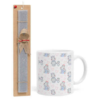 Hippo, Easter Set, Ceramic Cup (330ml) & Easter aromatic flat candle (30cm) (GRAY)