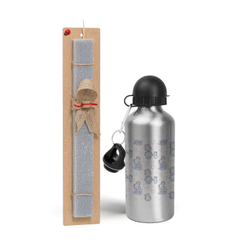 Hippo, Easter Set, metallic silver aluminum water bottle (500ml) & aromatic flat Easter candle (30cm) (GRAY)