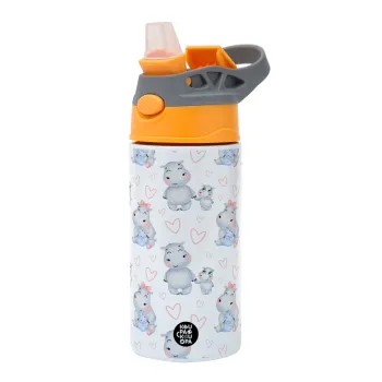 Hippo, Children's hot water bottle, stainless steel, with safety straw, Orange/Grey (360ml) BPA-FREE