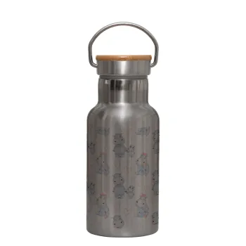 Hippo, Stainless steel metallic thermos flask, silver with a bamboo lid, double-walled, 350ml.