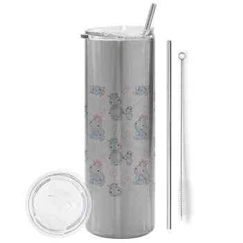 Hippo, Tumbler stainless steel Silver 600ml, with metal straw & cleaning brush